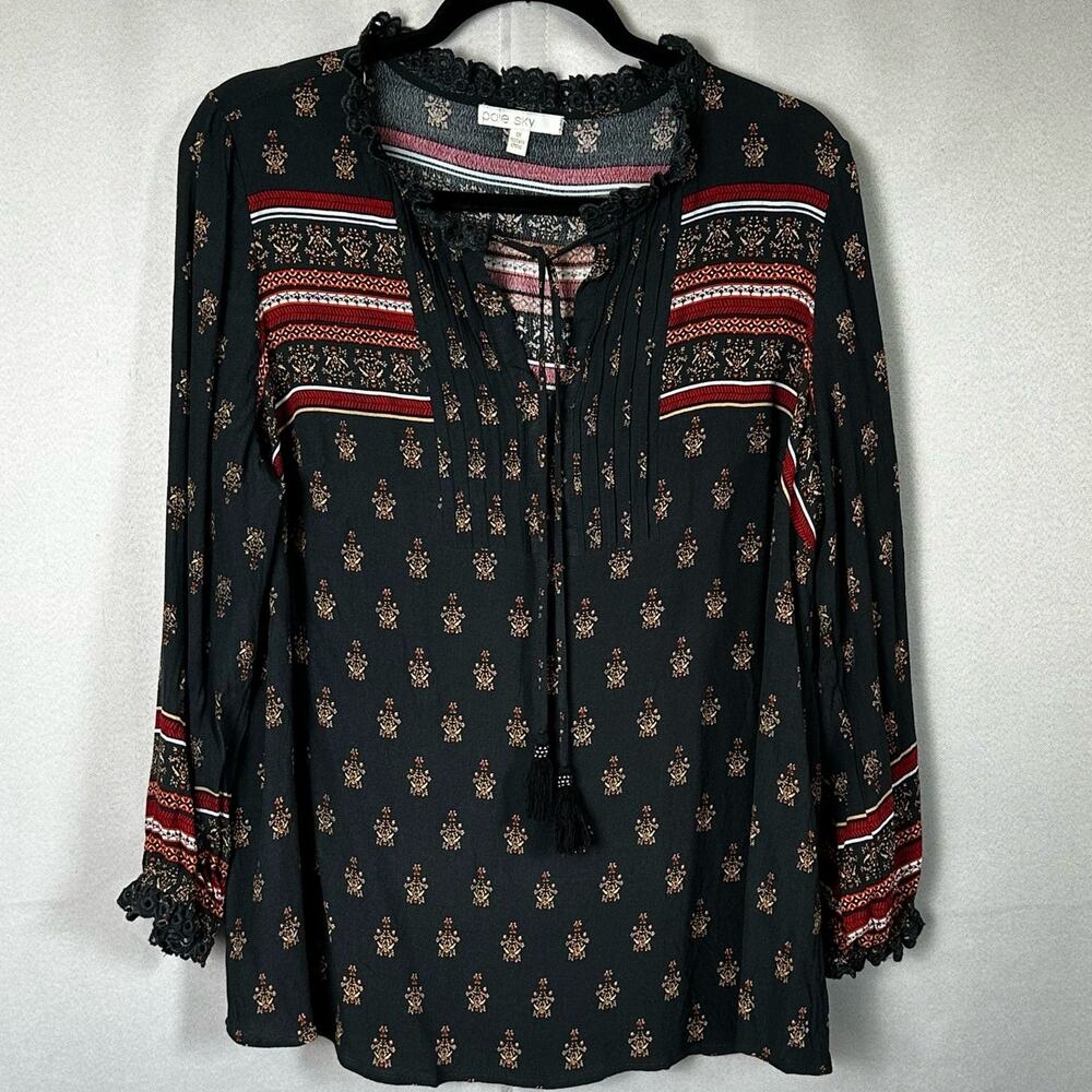 Women's Pale Sky Black Red Boho Peasant V Neck Tie Flowy Career Blouse Sz 1X